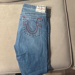 True Religion Women's Boot Cut Jeans in Blue with Red Stitching